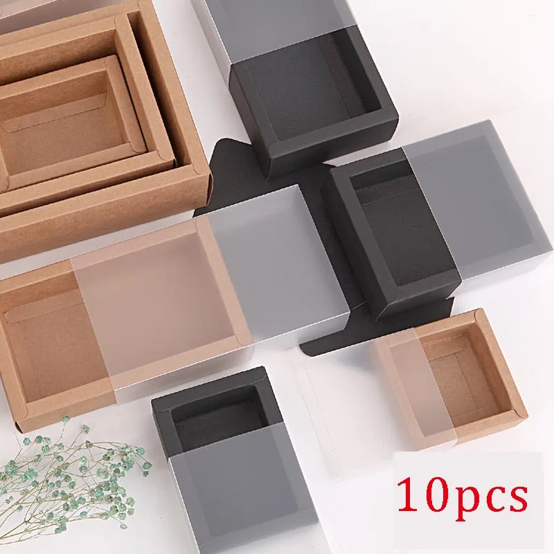 10pcs Kraft Paper Packing Box With Transparent PVC Window Black Delicate Drawer Display Gift Box Wedding Cookie Candy Cake Box