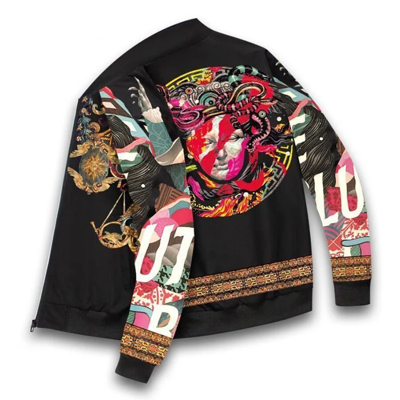 Мужская бейсбольная куртка в стиле хип-хоп на молнии с длинными рукавами принтом