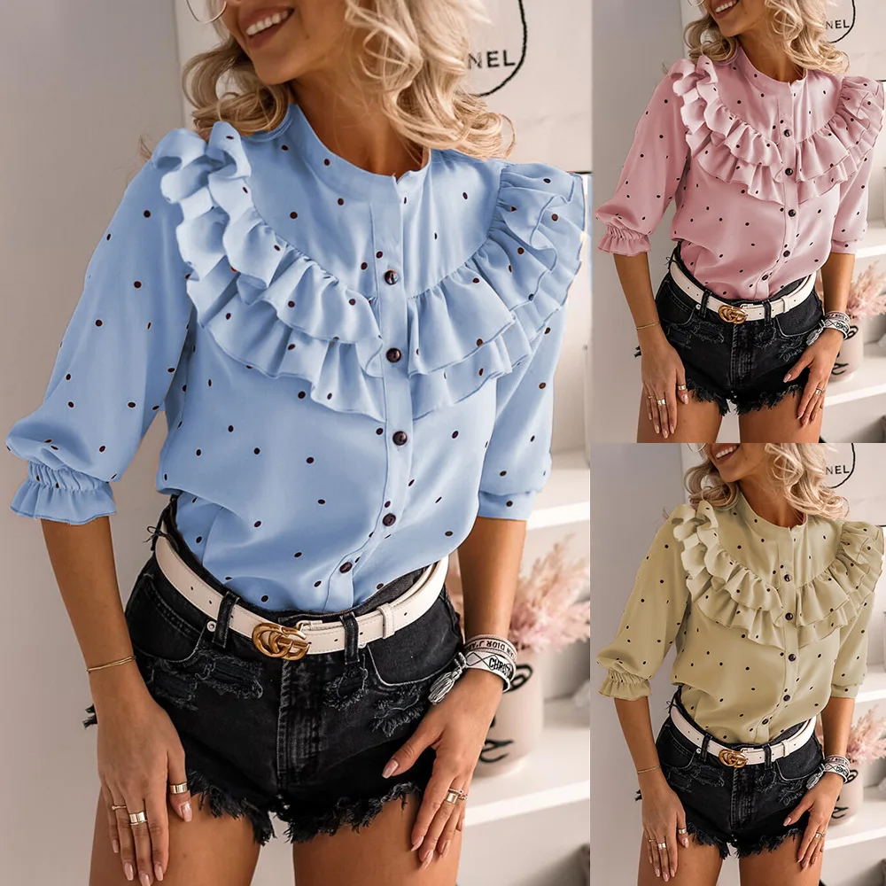 

Ruffled Polka Dot Printed Women Blouses Autumn Summer Single Breasted Long Sleeve Female Blouse Elegant Office Tops Clothes Hot