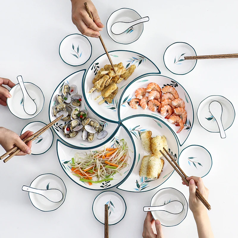 

Новое поступление, набор керамических комбинированных обеденных тарелок с ручной росписью, миска на пять человек, тарелки в форме Луны, Быт...