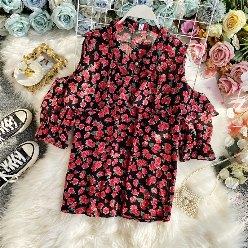 

Women's Floral Chiffon Shirt Short Sleeve Tops Summer New Turn-down Collar Strapless Ruffled Puff Sleeve Loose Sweet Tops ML887