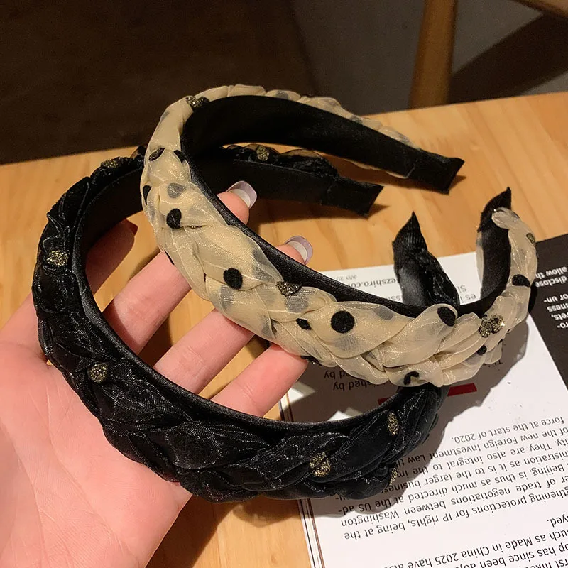 

Новая роскошная плетеная повязка на голову Стразы с принтом в горошек и кристаллами Элегантный плетеный обруч для волос из органзы, аксессу...