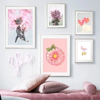 pink flower feather balloon canvas painting nordic style cat girl love quotes poster wall art print pictures for living room