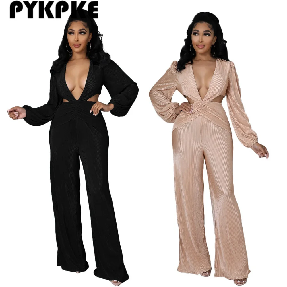 

Women Long Sleeve V Neck Elegant High Waist Wide Leg Loose Jumpsuit