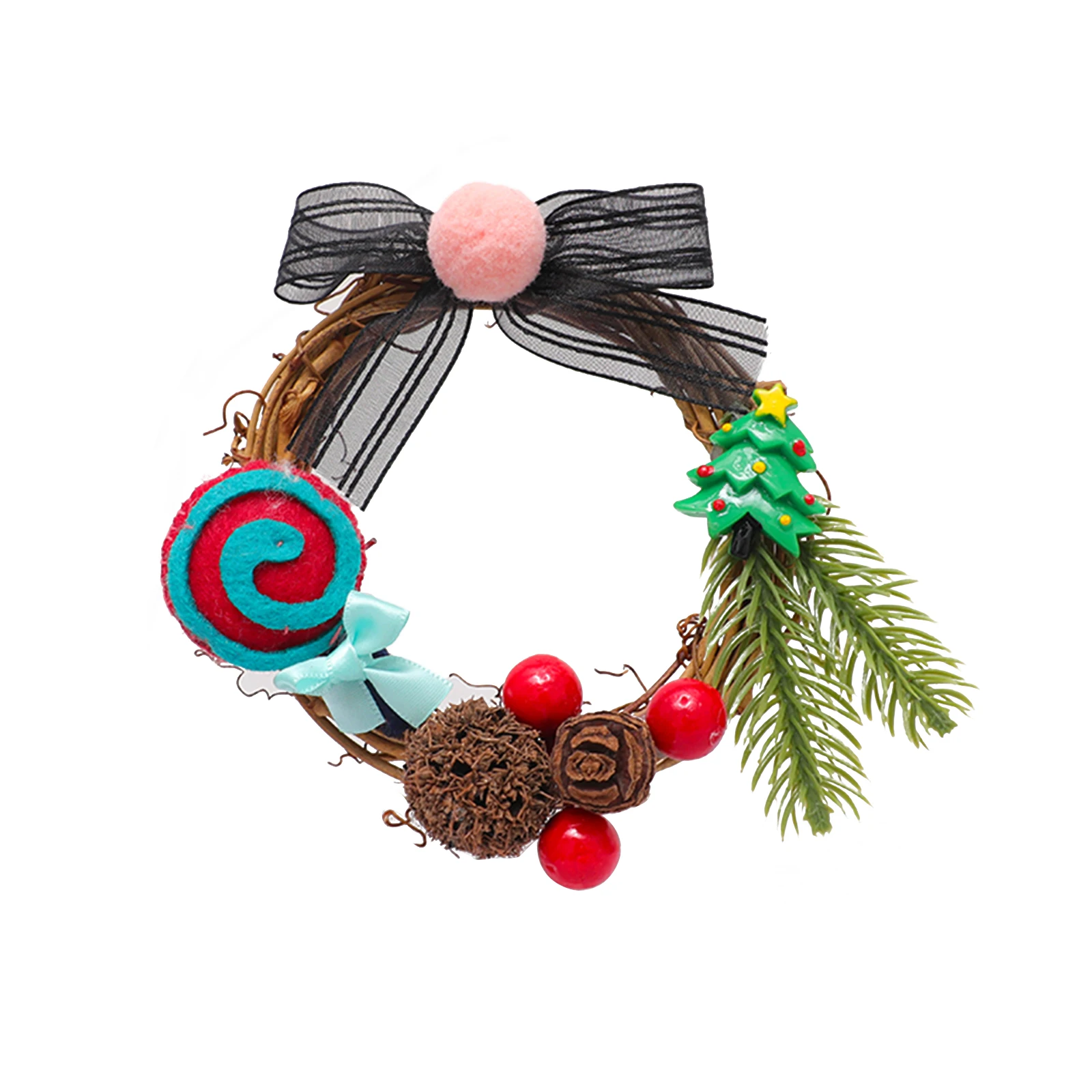 Рождественский венок маленький праздничный из ротанга с симпатичной плюшевой