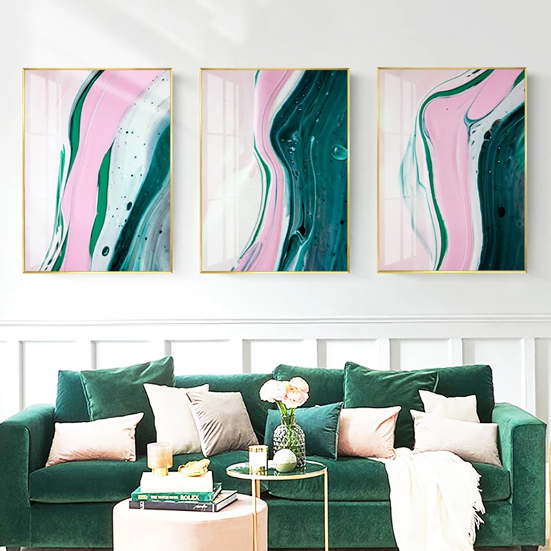 

Nordic Modern Creative Abstract Green pink Golden Art Canvas Poster Oil Paintings Print Wall Pictures for Living Room Home Decor