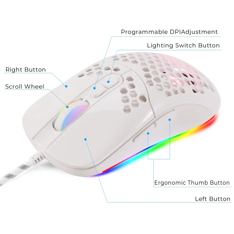 

USB Wired Lightweight Gaming Mouse 5 RGB Backlit Mouse with 7 Buttons 7200DPI Honeycomb Shell Mouse for PC Laptop