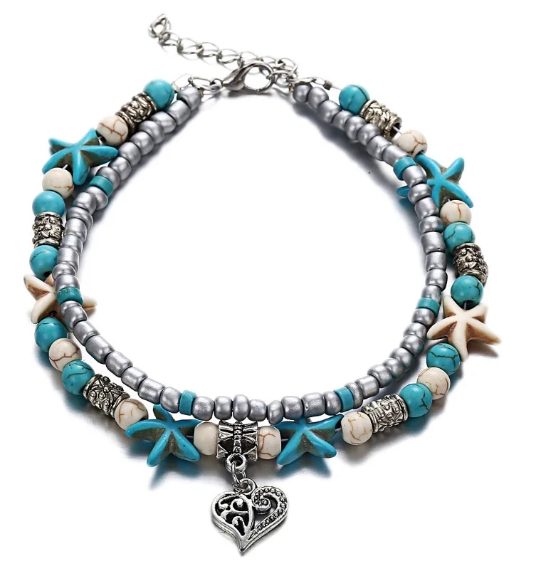 

New 2020 fashion woman double anklet conch starfish rice beads yoga beach turtle pendant anklet bracelet retro bohemian banquet