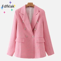 fdfklak women chic button blazer office ladies pocket jackets casual female houndstooth notched suits vintage coat chaquetas