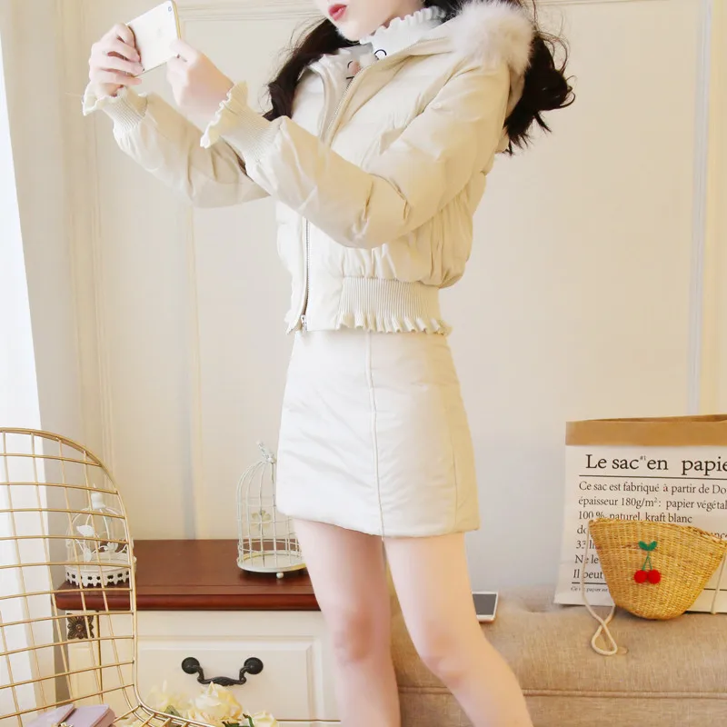 SWEETXUE хлопок Aphid костюм юбка 2019 осень зима с капюшоном меховой воротник куртка