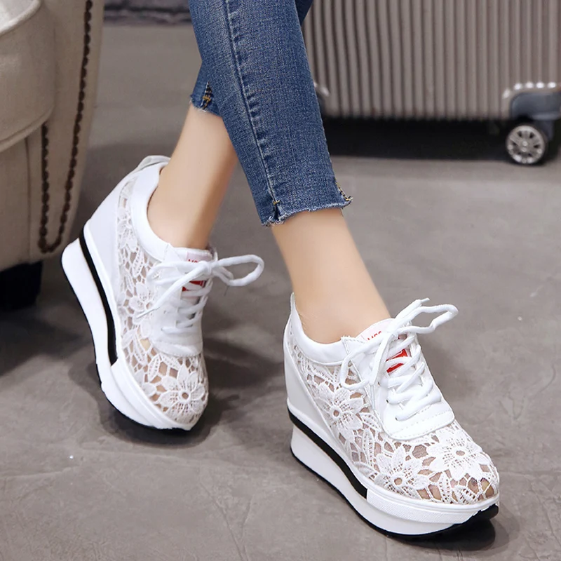 Женские туфли на танкетке 10 см повседневные сетчатые кроссовки плоской подошве