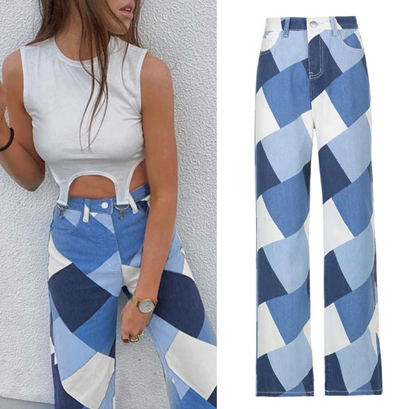 

Women High Waist Baggy Jeans Contrast Color Argyle Plaid Print Long Denim Pants Q39C