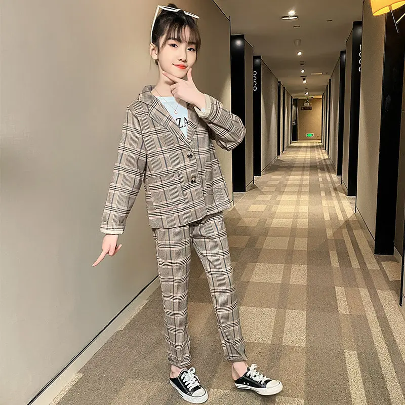 

2021 New Arrivals Girls Suits Formal Set Pants And Blazer Clothes Casual Party Wedding Classical Plaid Linen Outfits 4 To 13Yrs