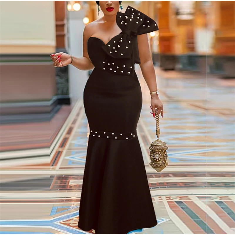 MD черные бисерные платья женские вечерние на одно плечо с открытой спиной