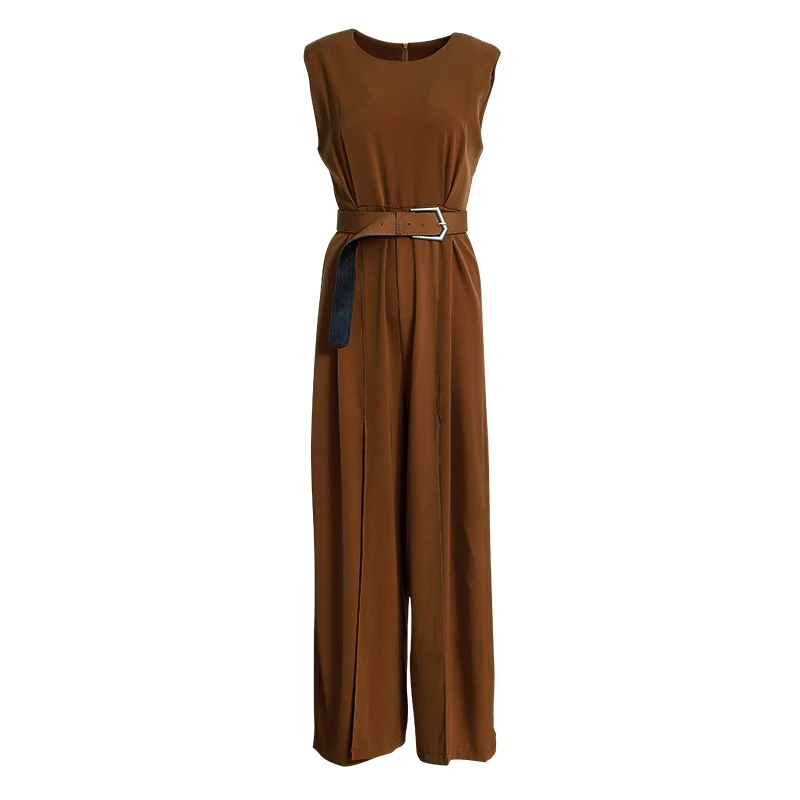 Summer Fashion Female Elegant Loose sleeveless Jumpsuit with belt office lady wide leg Trousers Women  Long Pants Overalls