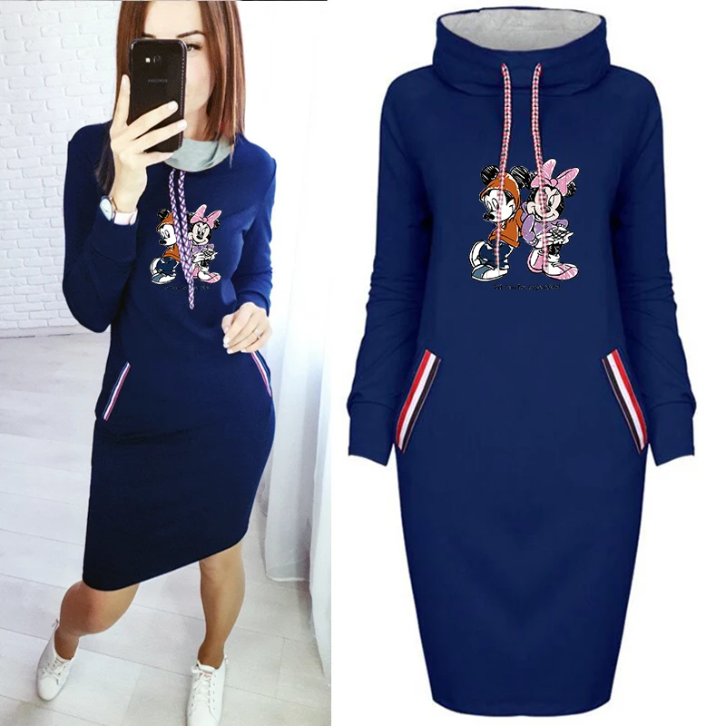 

Women Long Sleeve Bodycon Dresses Mickey Minnie Kawaii Cartoon Print Fake Pocket Woman Thin Dress Vintage Party Female Vestidos
