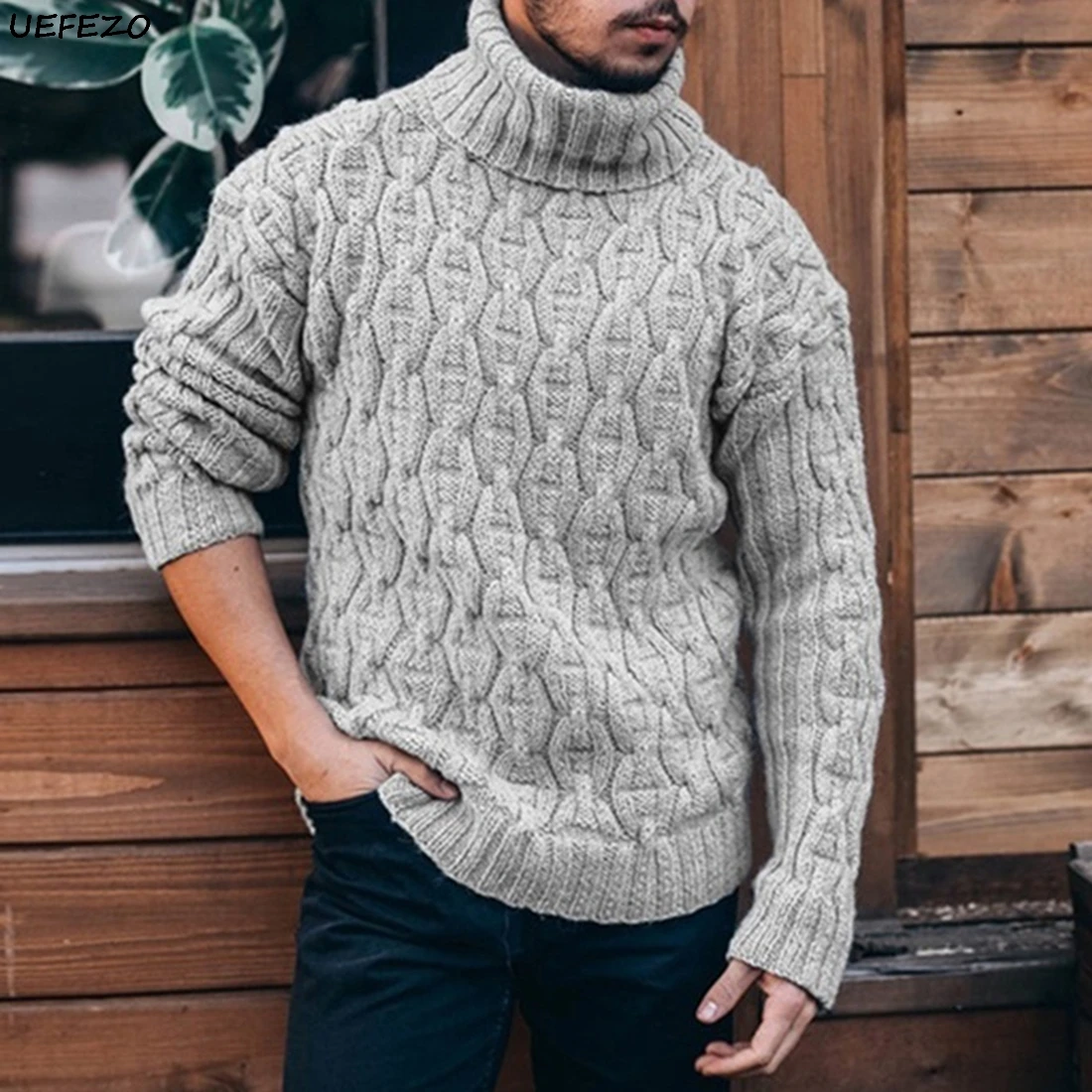 Свитер UEFEZO мужской однотонный водолазка Хлопковый вязаный теплый пуловер