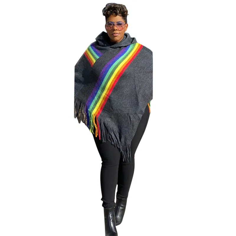 

Rainbow Striped Spliced Knitted Cloak Women Fashion Long Tassels Long Sleeve Jacket Autumn Winter Female Hooded Loose Cape Coat