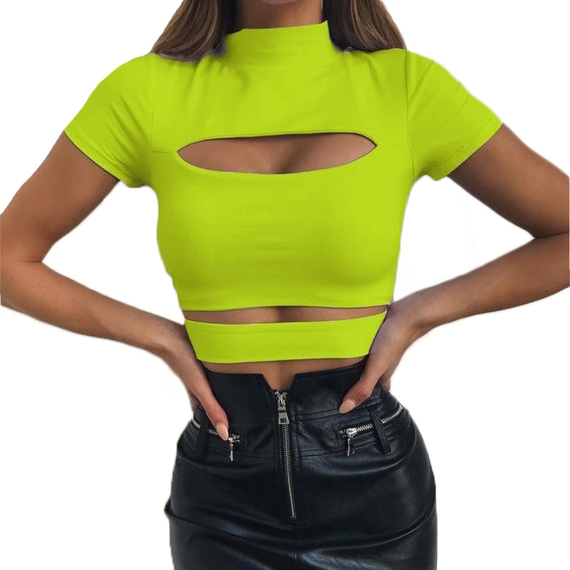 

Fashion Solid Color Pullovers Ladies Summer Basic T-shirt Half High Neck Hollow Out Casual Street Slim Elastic Tee Tops Women