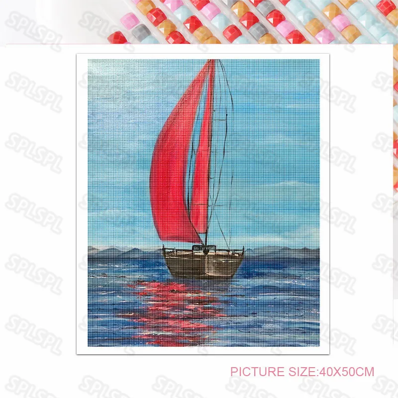 

Diy Diamond Painting Personality Creative Red Sailing Sailing Boat Sailing On Calm Sea Beautiful Still Life Poster Painting