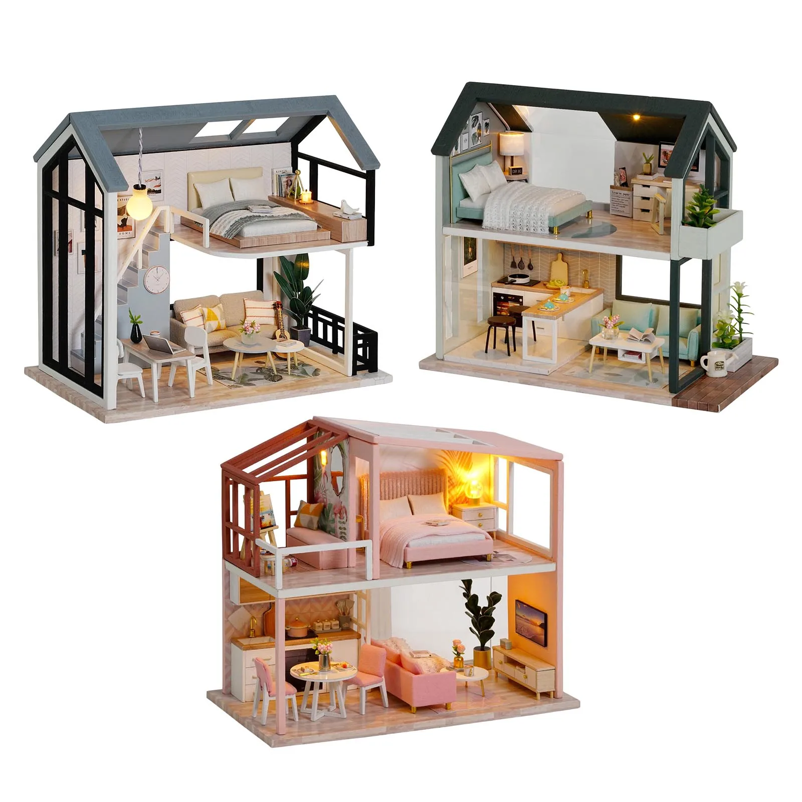 

Doll House DIY Miniature with Wooden Furniture Assemble DollHouse Kit Led Lights