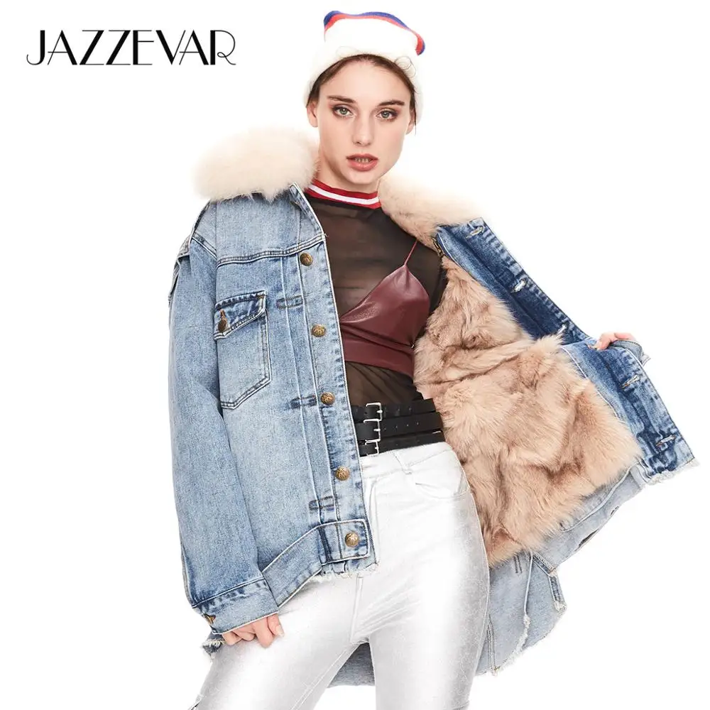 JAZZEVAR 2019 Зима новое поступление джинсовая куртка женская с меховым воротником
