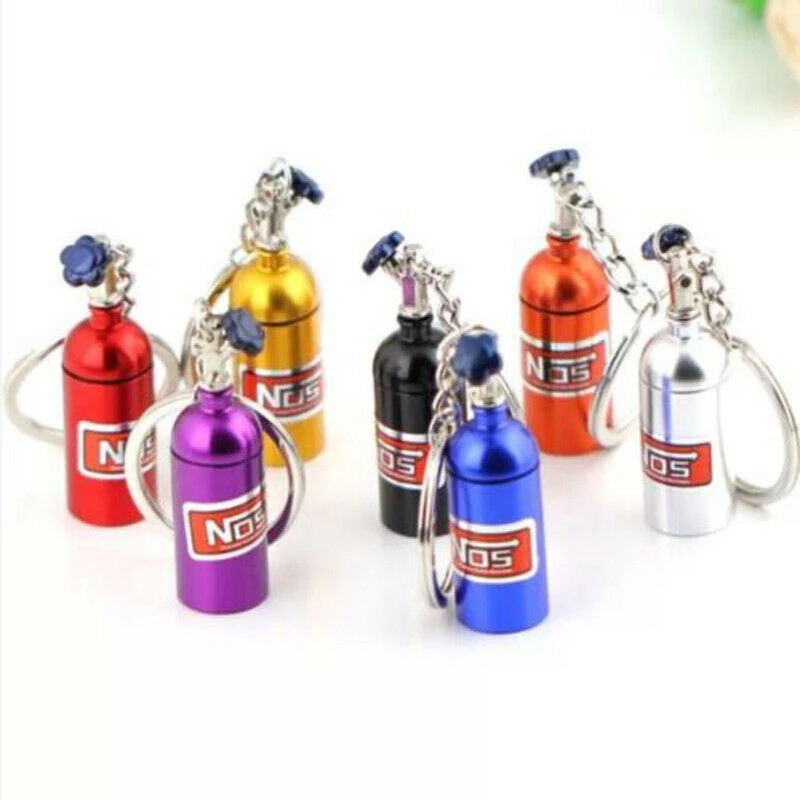 

Keychain Laughing Gas Bottle NOS Mini Nitrous Oxide Bottle Car Racing Stickers Keyring Stash Creative Fashion Box Storage 2021
