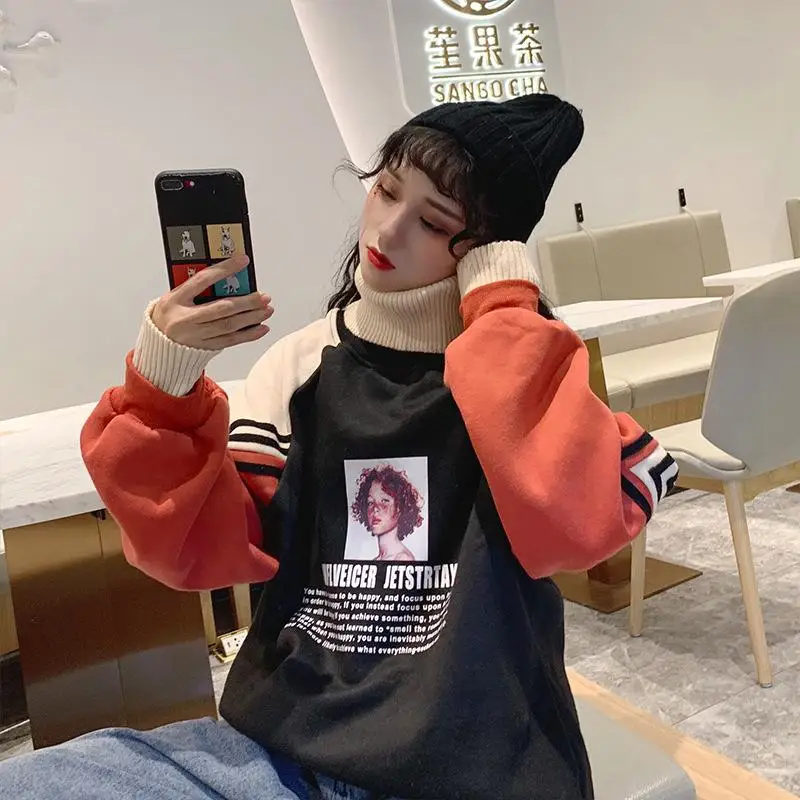 

2020 Hoodie Sweatshirt Women Winter Oversize Tops Fashion Pattern Printed Sweatshirt Autumn Turtleneck Outerwear Warm Pullover