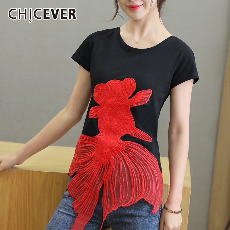 

CHICEVER Patchwork Mesh T Shirt For Female O Neck Short Sleeve Loose Print Hit Color Women's T Shirt Fashion 2021 New