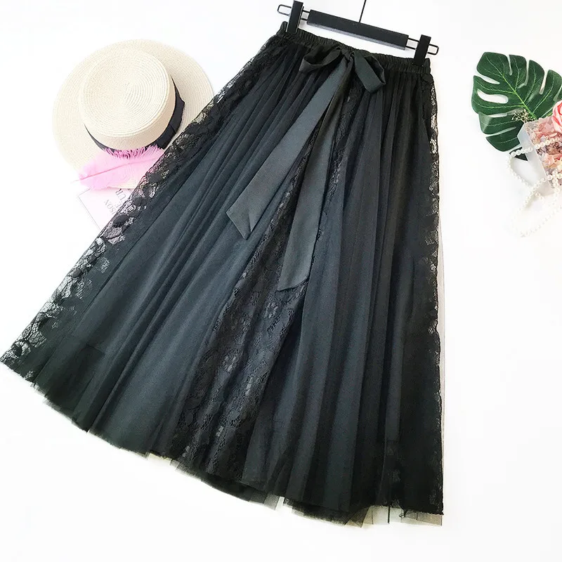 

Fashion Tutu Tulle Skirt Women Long Maxi Skirt Korean Cute Bow High Waist Pleated Skirt Female School Sun Spodnica