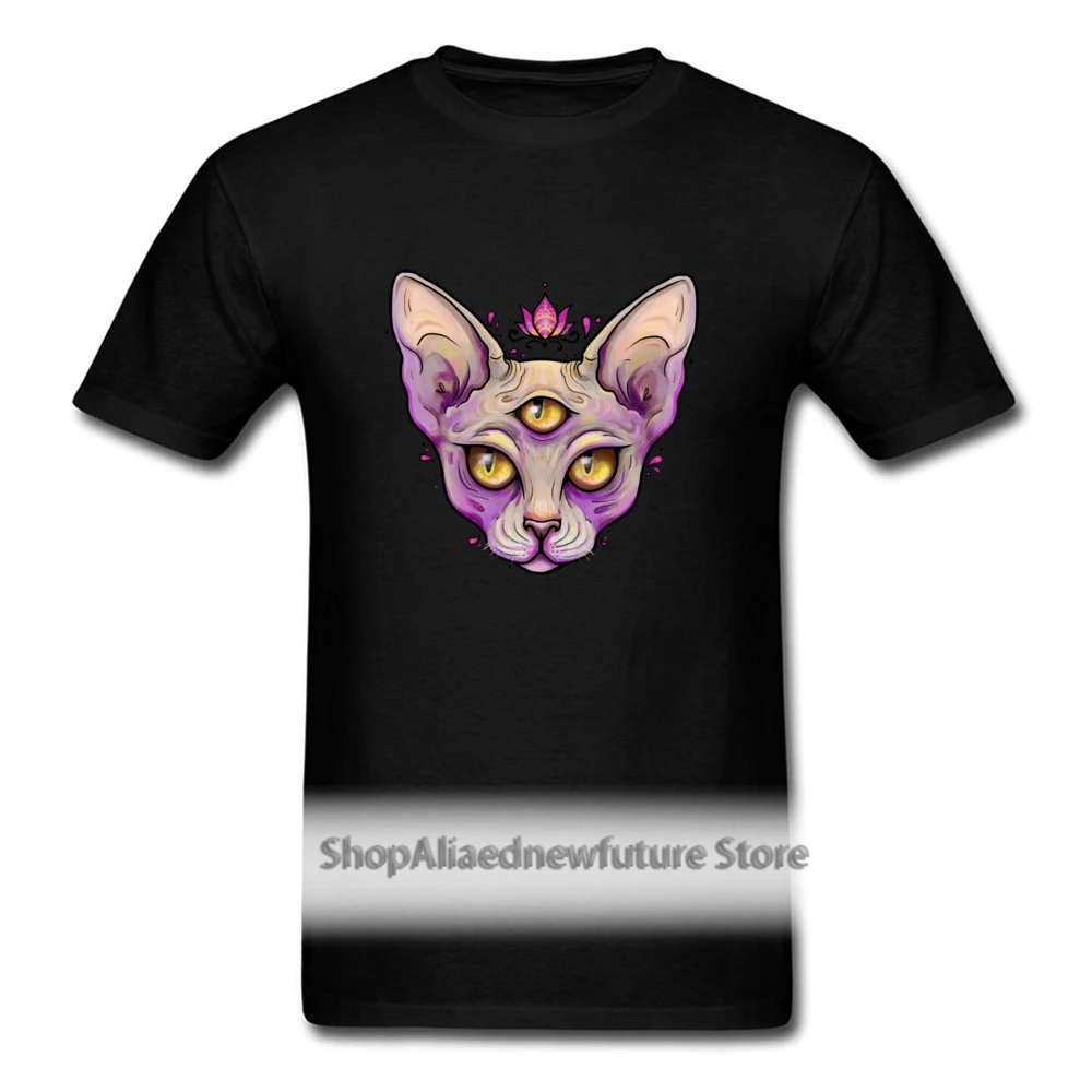 

Third Eye Sphynx Unique Canadian Hairless Cat Print Men Black T-shirt Lotus Cartoon Animal Short Sleeve Tops Tees