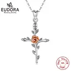 Eudora, Настоящее серебро 925 пробы, розовый золотой крест с цветами розы, кулон, ожерелья, ювелирные украшения для женщин, вечерние, романтический подарок D174