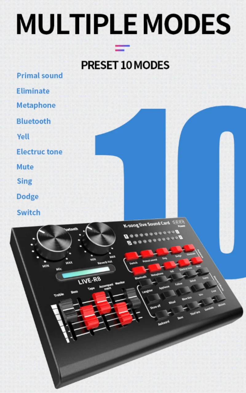 

R8 Sound Card Voice Changer Sound Mixer Board For Live Streaming, Voice Changer Sound Card With Multiple Sound Effects
