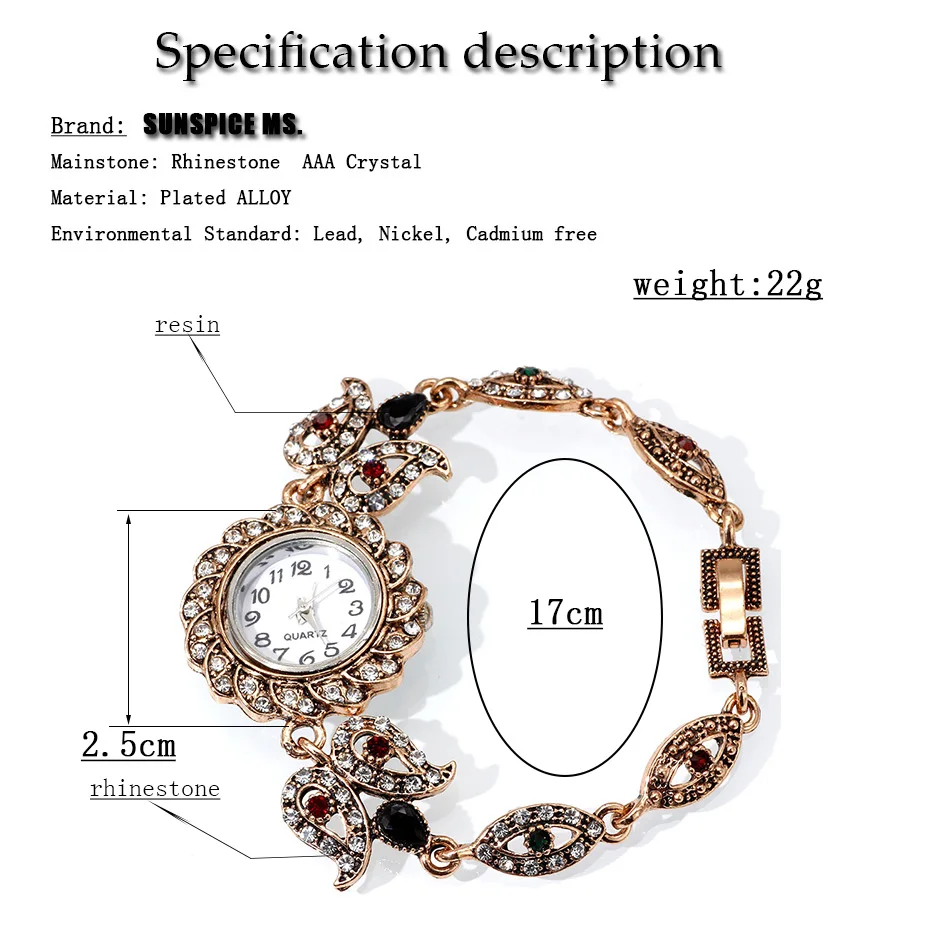 Sunspice Ms античный браслет для часов женщин Серебряный цветок с кристаллами