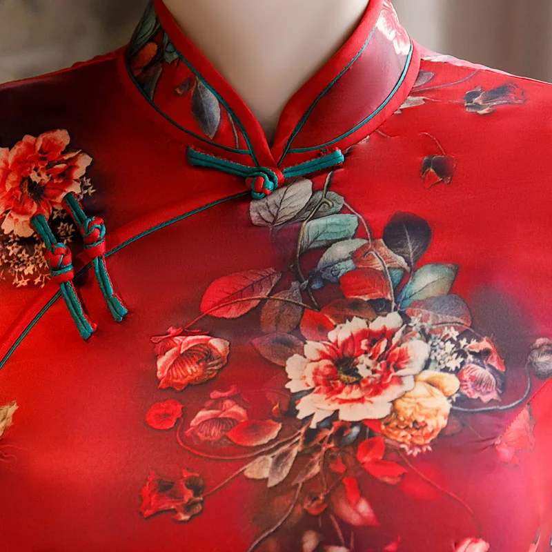 

Elegant Cheongsam Traditional Chinese Dress Women Floral Printed Silk Qipao Short Sleeve Oriental Vintage Clothing 4XL