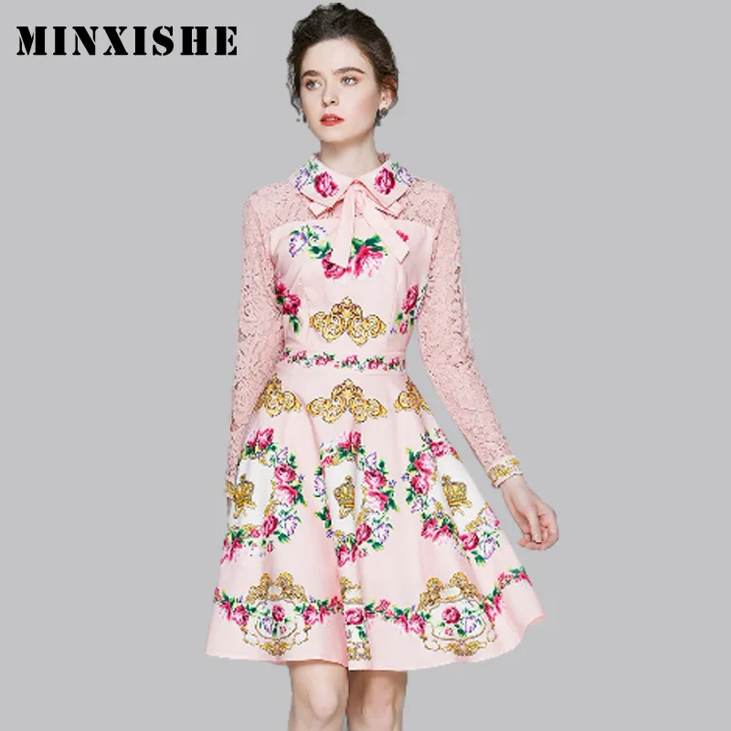 Винтажное платье с принтом и кружевным бантом длинным рукавом рубашка