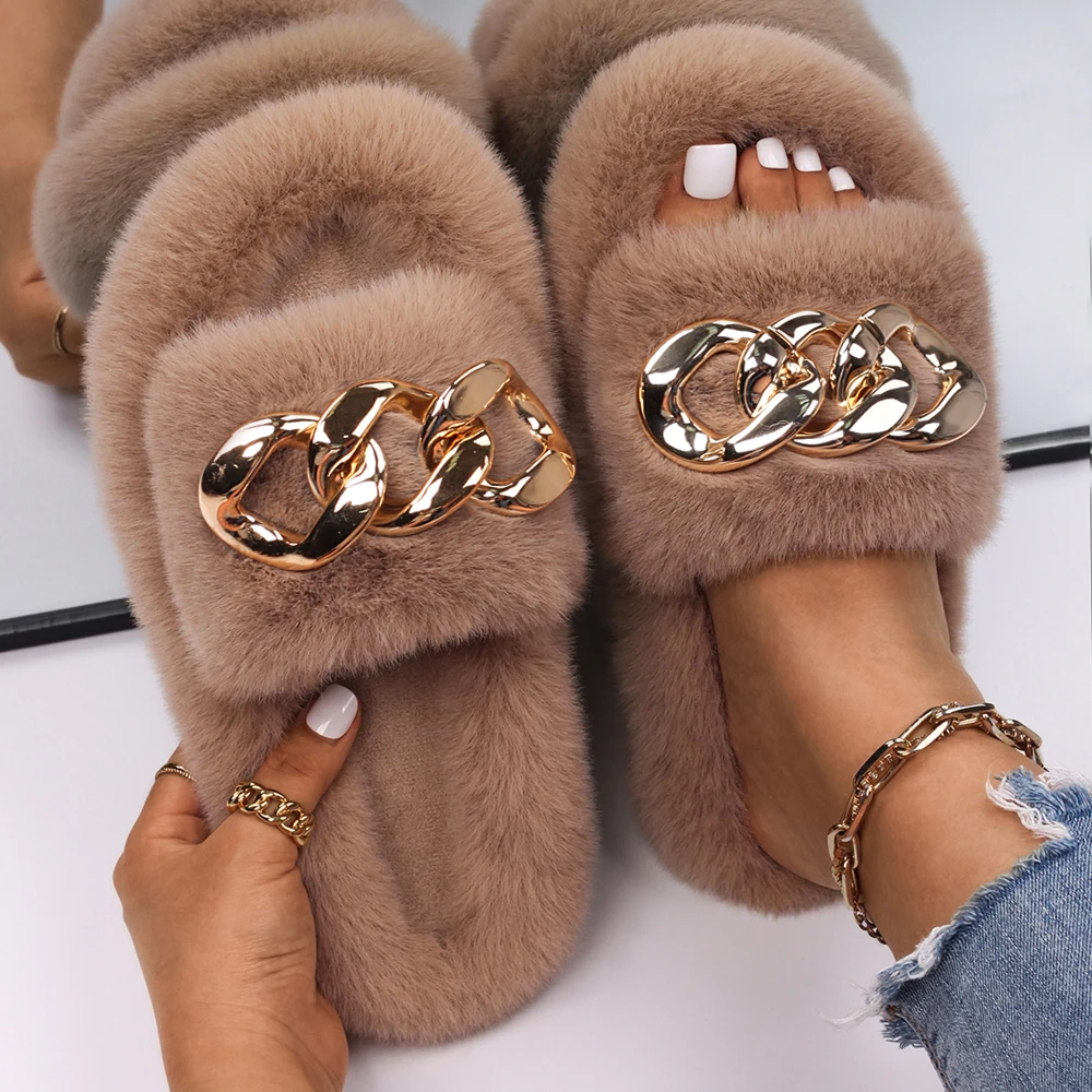 

Шлепанцы женские из искусственного меха, меховые сандалии на платформе, роскошные украшения с золотой цепочкой, теплые тапочки, сланцы, 2021