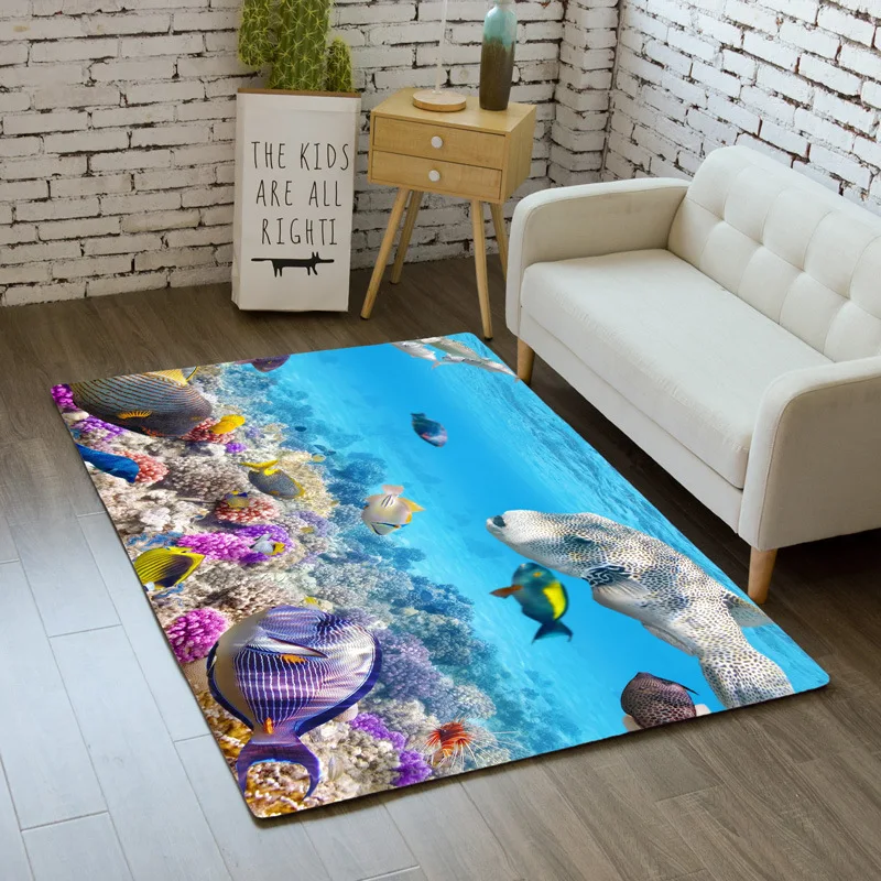

3D Ocean Dolphin Rug Carpet Kids Baby Play Crawling Mat Soft Flannel Area Rugs Kitchen Bedside Mat Coral Reef Living Room Carpet