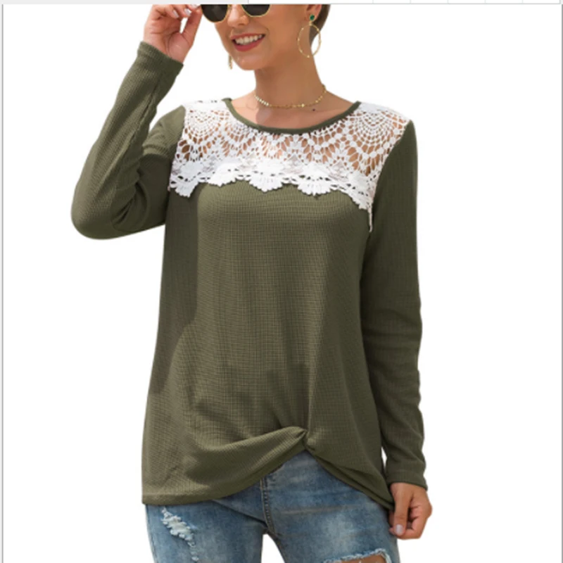 Женская футболка с длинным рукавом кружевной облегающий топ круглым вырезом