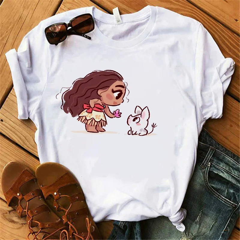 

2021 New Fashion Women T Shirts Summer Short Sleeve Casual White O-neck Disney Princess Printed Harajuku Girls Ladies Tee Tops