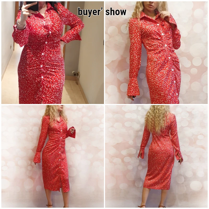 

Glamaker Polka dot printed red fashion midi dress Winter autumn satin office ladies buttons 2020 new style elegant dress