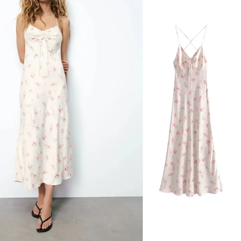 

Женское платье с цветочным принтом Ms za, повседневное шелковое атласное платье средней длины на бретелях с тонкими лямками, лето 2021