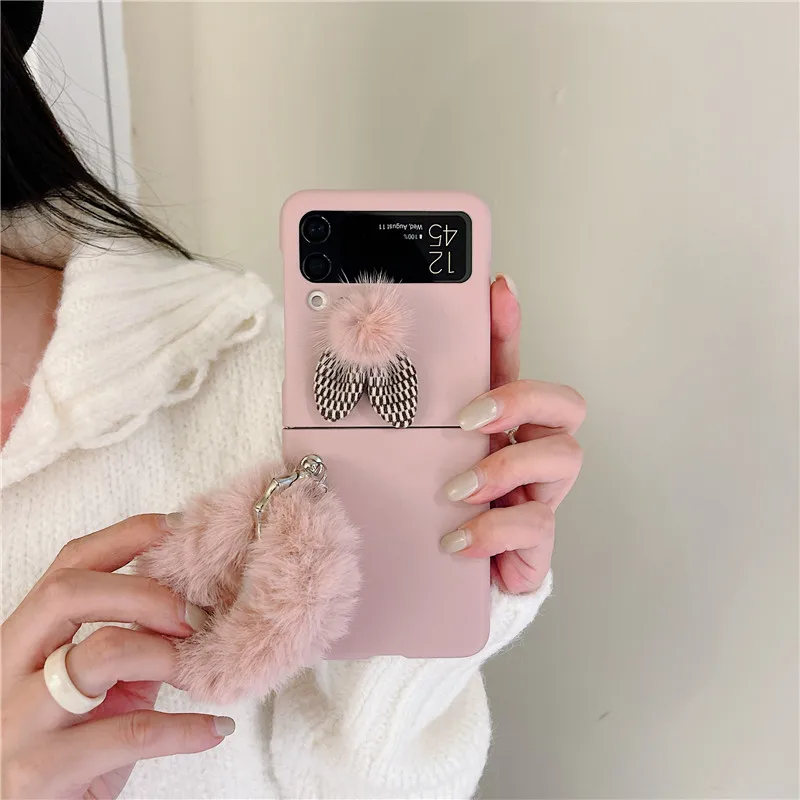 Phone Cases For Samsung Galaxy Z Flip 3 Case Cute Furry Fur Rabbit Ears Matte Cover Case For Samsung Galaxy Z Flip3 ZFlip3 5G