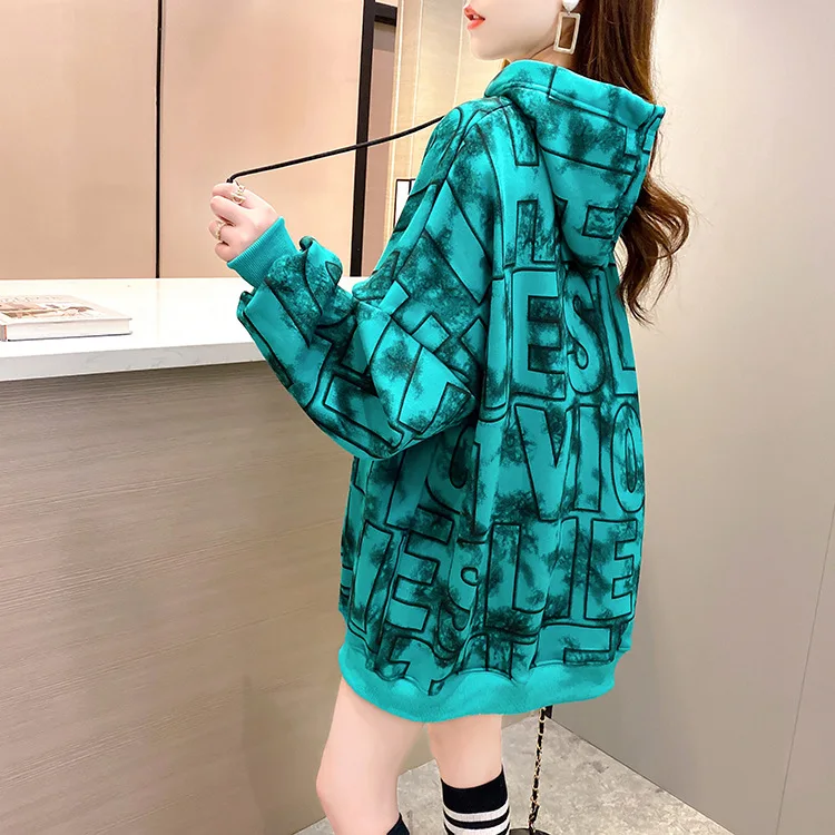 

Winter new Korean version of the hooded print coat female students blouse loose-size