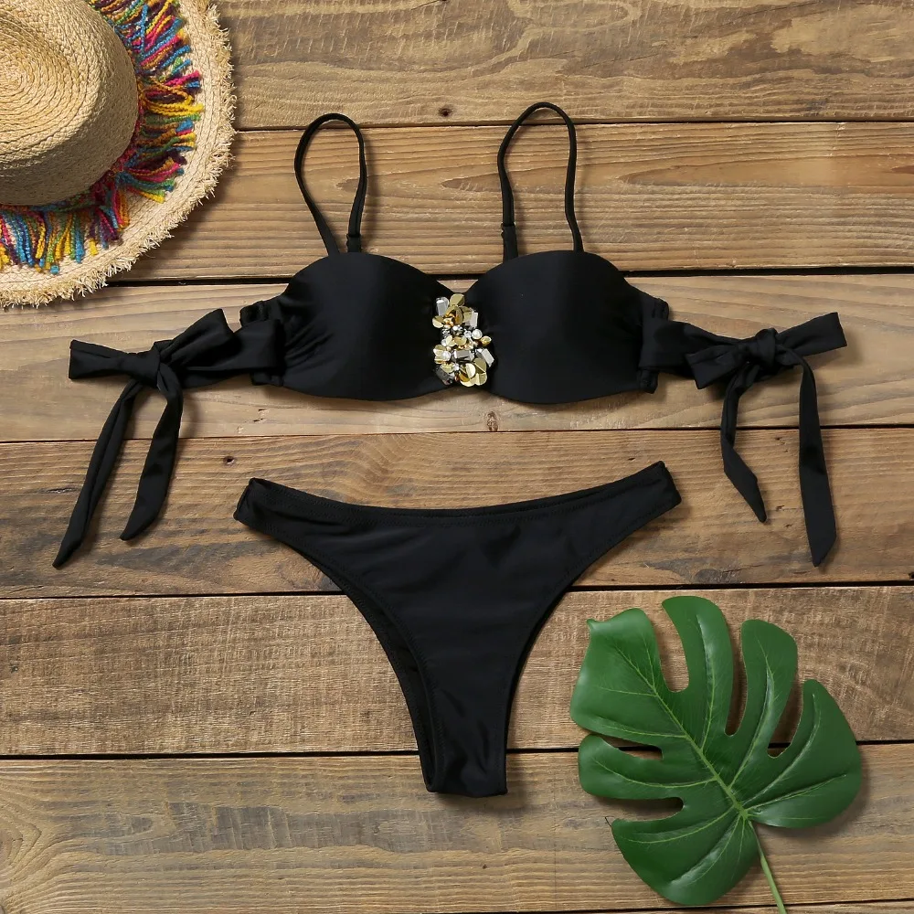 

2021Women Two Piece Push Up Swimwear Sexy Bikinis Solid Swimsuit Summer Beach Bathing Suit Bandeau Biquini Maillot De Bain