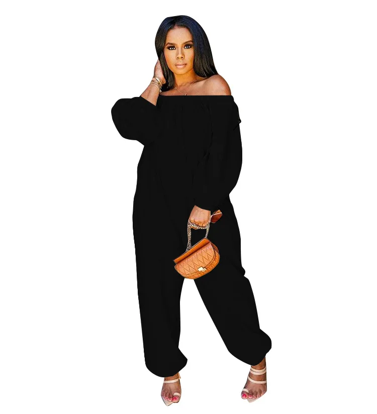 

2021 Fall High Quality New Style Fashion Long Sleeve Pure Color Casual Strapless Loose Party Long Jumpsuit Wholesale Dropshpping