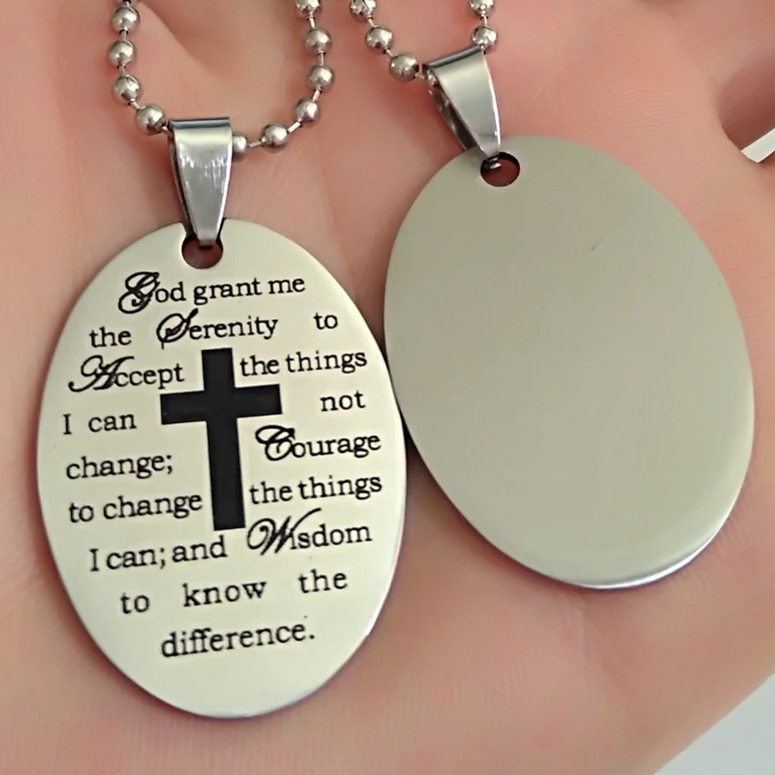 New 10pcs Silver Serenity Prayer Dog Tag With Black Printing Men's God Jesus Religious Stainless Steel Penant Necklace Wholesale |