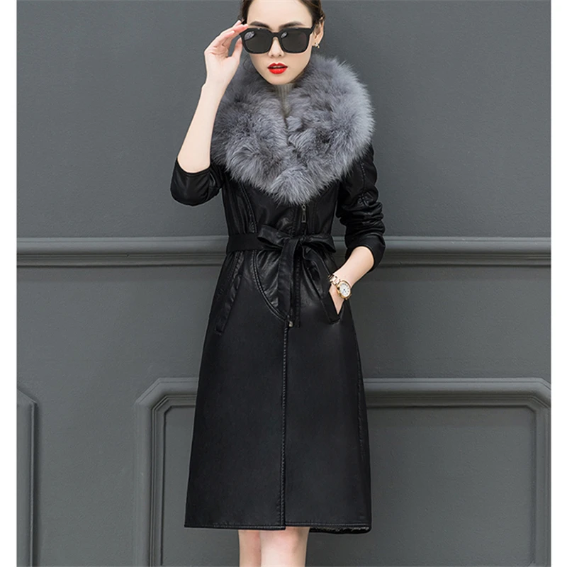 Pu Leather Women Plus Velvet Thickening Long Section Winter Fashion New Large Fur Collar Warm Leather Jacket Tide HHH00163