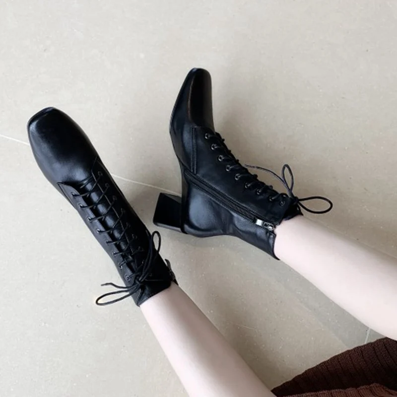 

RIZABINA New Women Ankle Boots Real Leather Thick Heel Woman Winter Shoes Fashion Classic Short Boots Woman Footwear Size 34-39