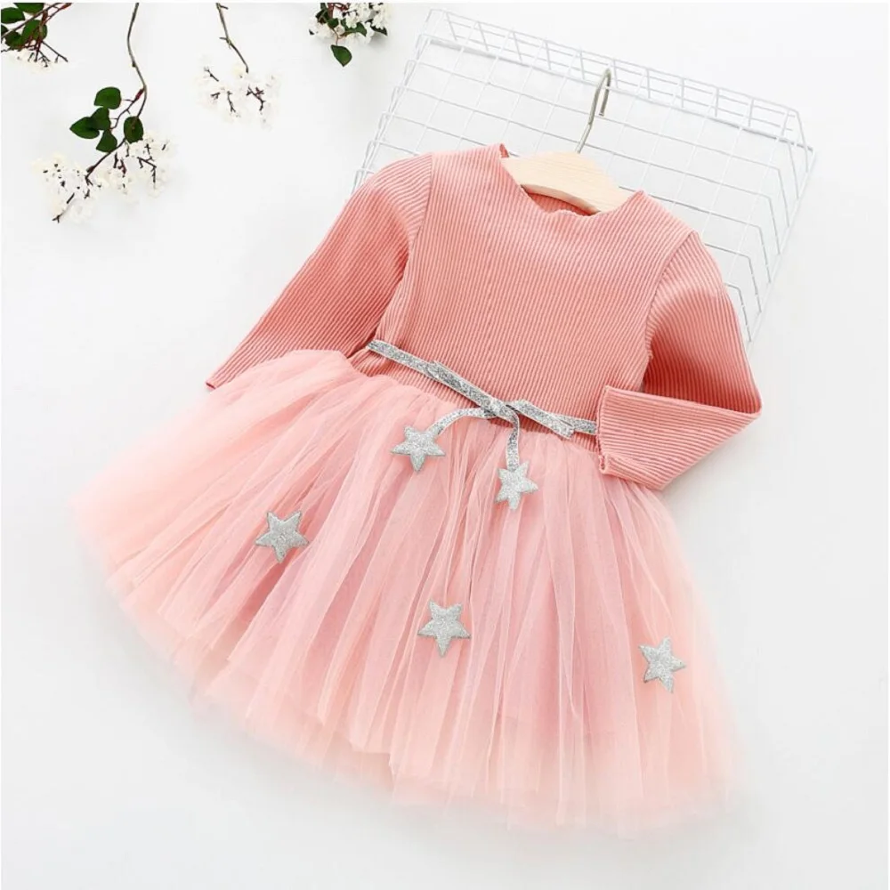 Newborn Kids Baby Girls Knitted Long Sleeve stars belt Lace Tutu Dress Clothes Children Casual Fashion Dresses Red Yellow Pink | Детская